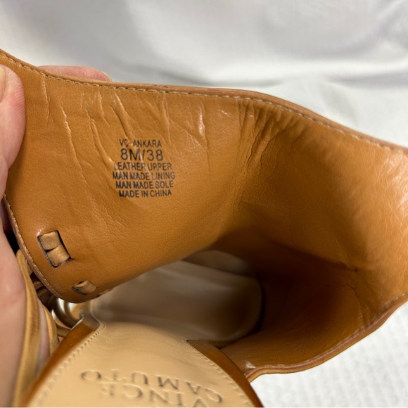 Vince Camuto 8 38 Peek Toe Stacked Square Heel Leather Braid VC-ANKARA Caramel - Picture 7 of 8